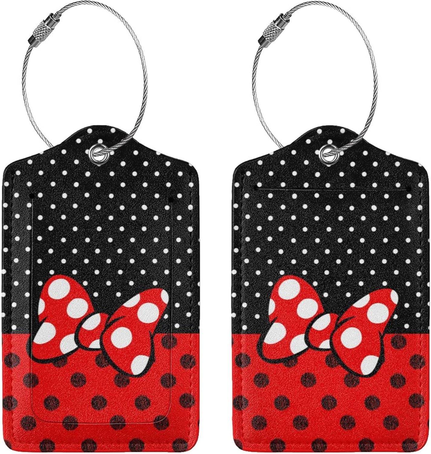 2 Pack Luggage Tags for Suitcase,Mouse Red Bow PU Leather Travel Luggage Tag with Privacy Flap, Name ID Label and Metal Loop for Women Men Suitcase Baggage Bag Backpack