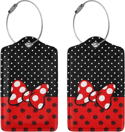 2 Pack Luggage Tags for Suitcase,Mouse Red Bow PU Leather Travel Luggage Tag with Privacy Flap, Name ID Label and Metal Loop for Women Men Suitcase Baggage Bag Backpack