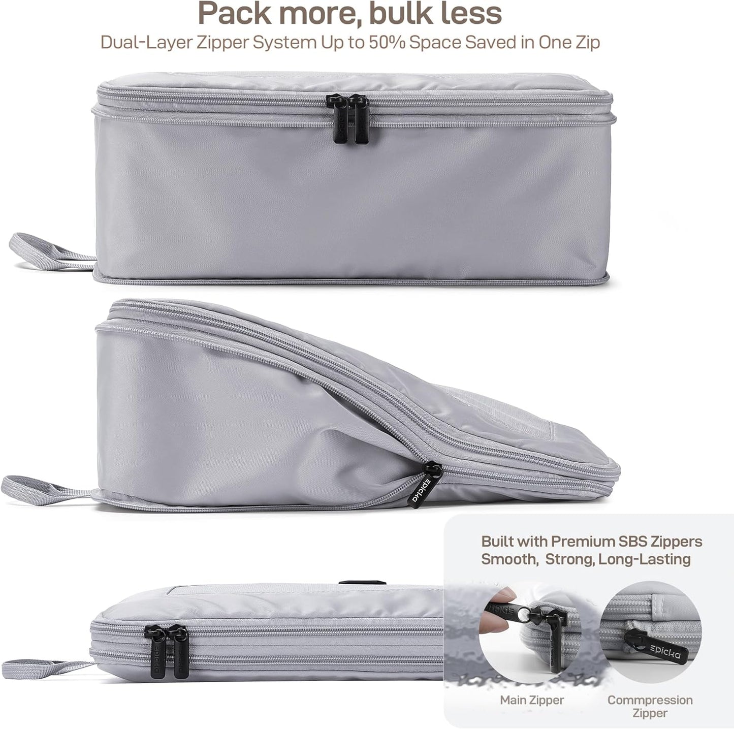 EPICKA TripCozy Compression Packing Cubes - 6 Set Durable Travel Organizer Bags with Mesh Top, Expandable Travel Accessories for Carry on, Luggage, Suitcase, Backpack (Light Grey)