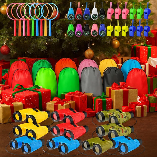 12 Set Binocular Compass Magnifying Glass Set Christmas Birthday Gift Small Telescope Binocular with Whistle Bag for Outdoor Exploring Stocking Stuffer(Colorful,Camouflage)