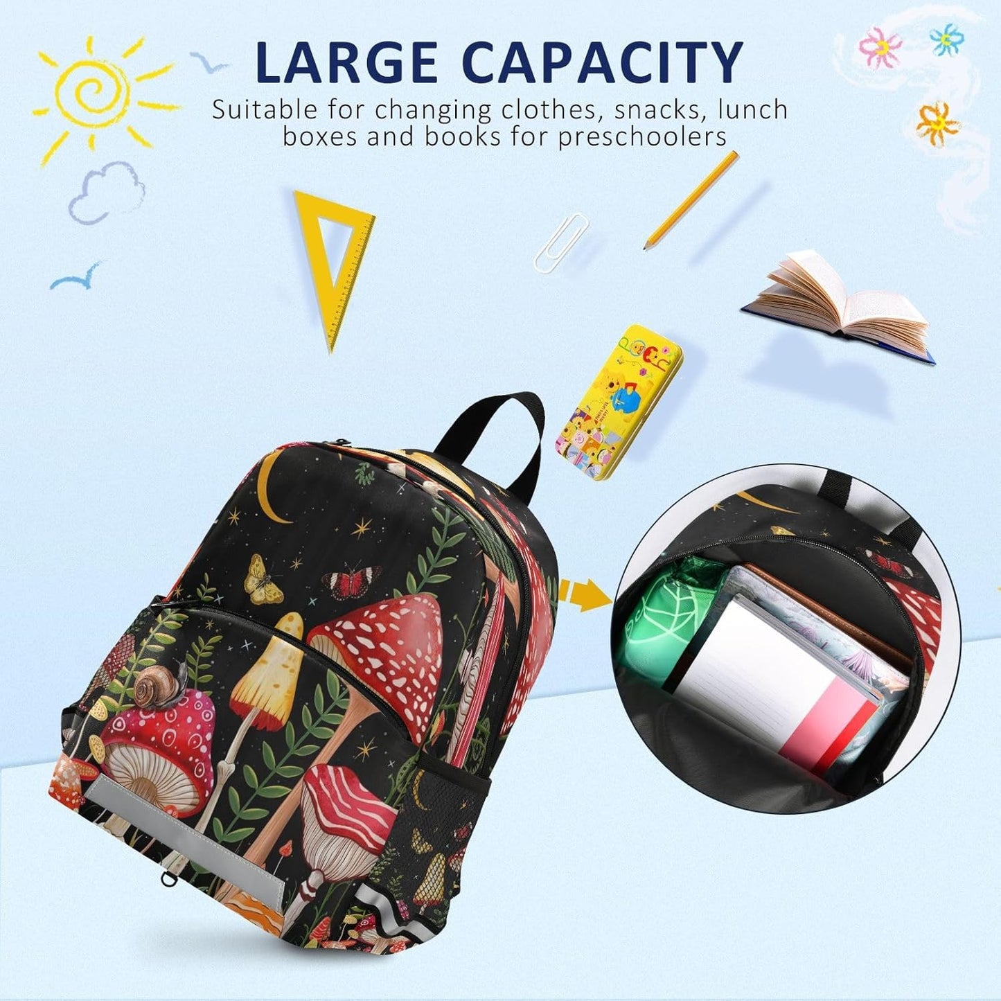 Moon Mushroom Toddler Backpack Boys Girls Kids Preschool Bookbag School Children Bag with Leash Travel Casual Daypack Kindergarten Elementary Schoolbag for Nursery Junior Primary Students