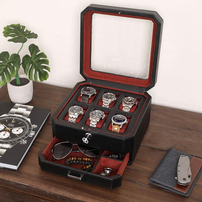 ROTHWELL 6 Slot Leather Watch Box with Valet Drawer - Luxury Watch Case Display Organizer, Microsuede Liner, Locking Mens Jewelry Watches Holder, Men's Storage Boxes Holder Large Glass Top (Black/Red)