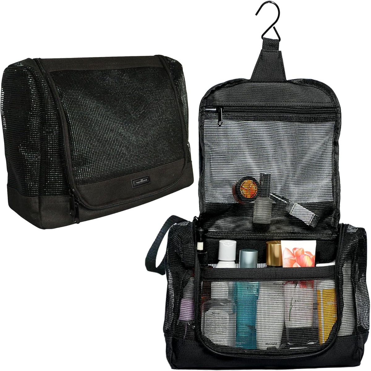 The Fine Living Portable Latex Mesh Shower Caddy Tote Bag, Gym Shower Caddy Hanging Organizer with Metal Hook, Dorm Room Essentials, Travel Toiletries, Camping RV Essentials, Black 12”x3”x8”