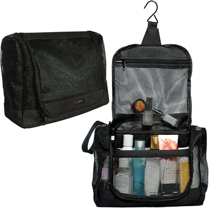 The Fine Living Portable Latex Mesh Shower Caddy Tote Bag, Gym Shower Caddy Hanging Organizer with Metal Hook, Dorm Room Essentials, Travel Toiletries, Camping RV Essentials, Black 12”x3”x8”
