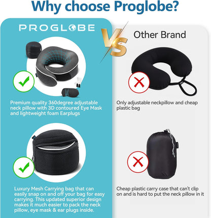 Travel Neck Pillow 100% Memory Foam – Airplane & Car Travel Essentials Kit with 3D Eye Mask, Earplugs & Mesh Bag – Sleeping Support Pillow for Adults (Dark Grey)