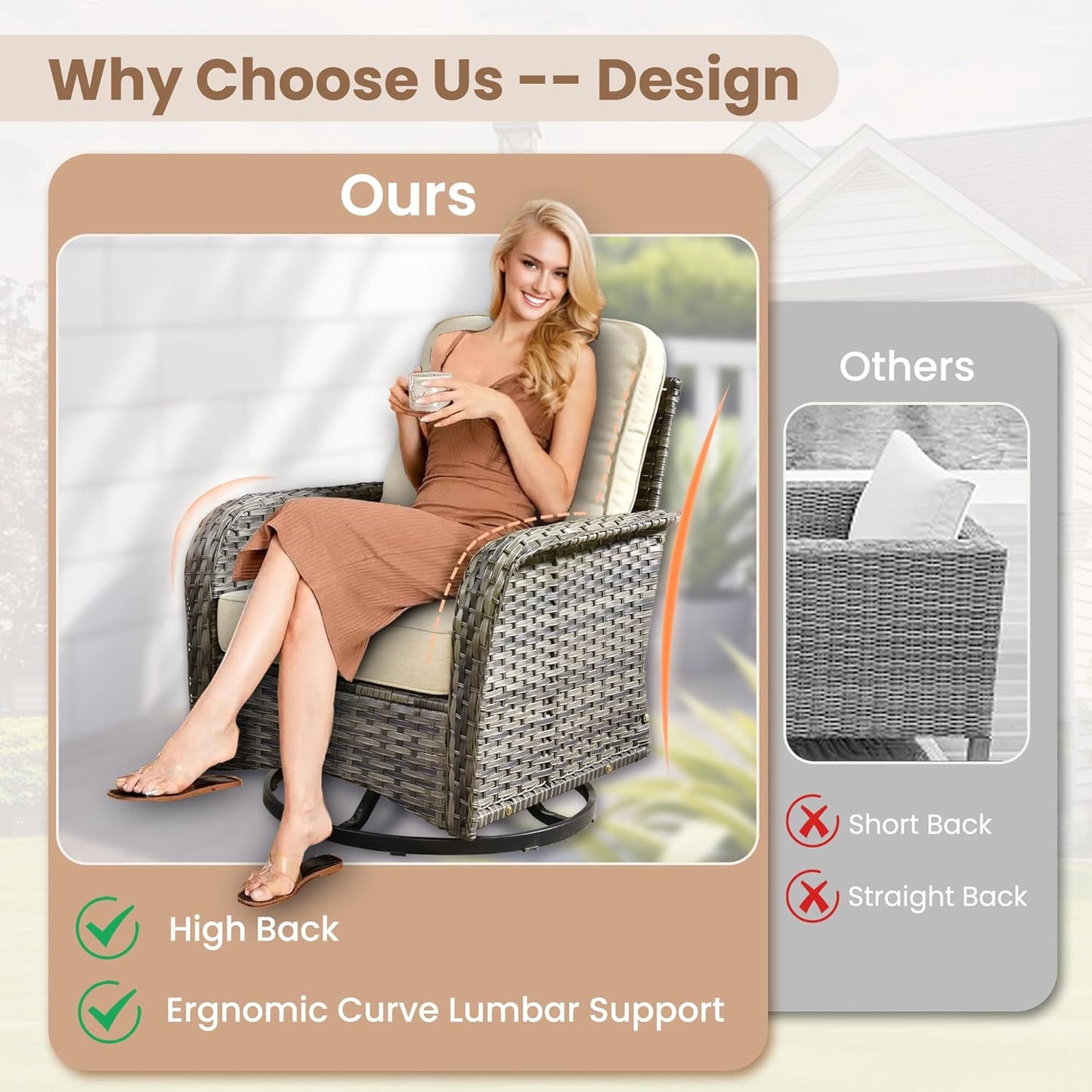 HOOOWOOO Patio Furniture Set,5 Pieces Outdoor Conversation Set,All Weather Wicker Loveseat Sofa Set with High Back Swivel Rocking Chairs Tables,Beige