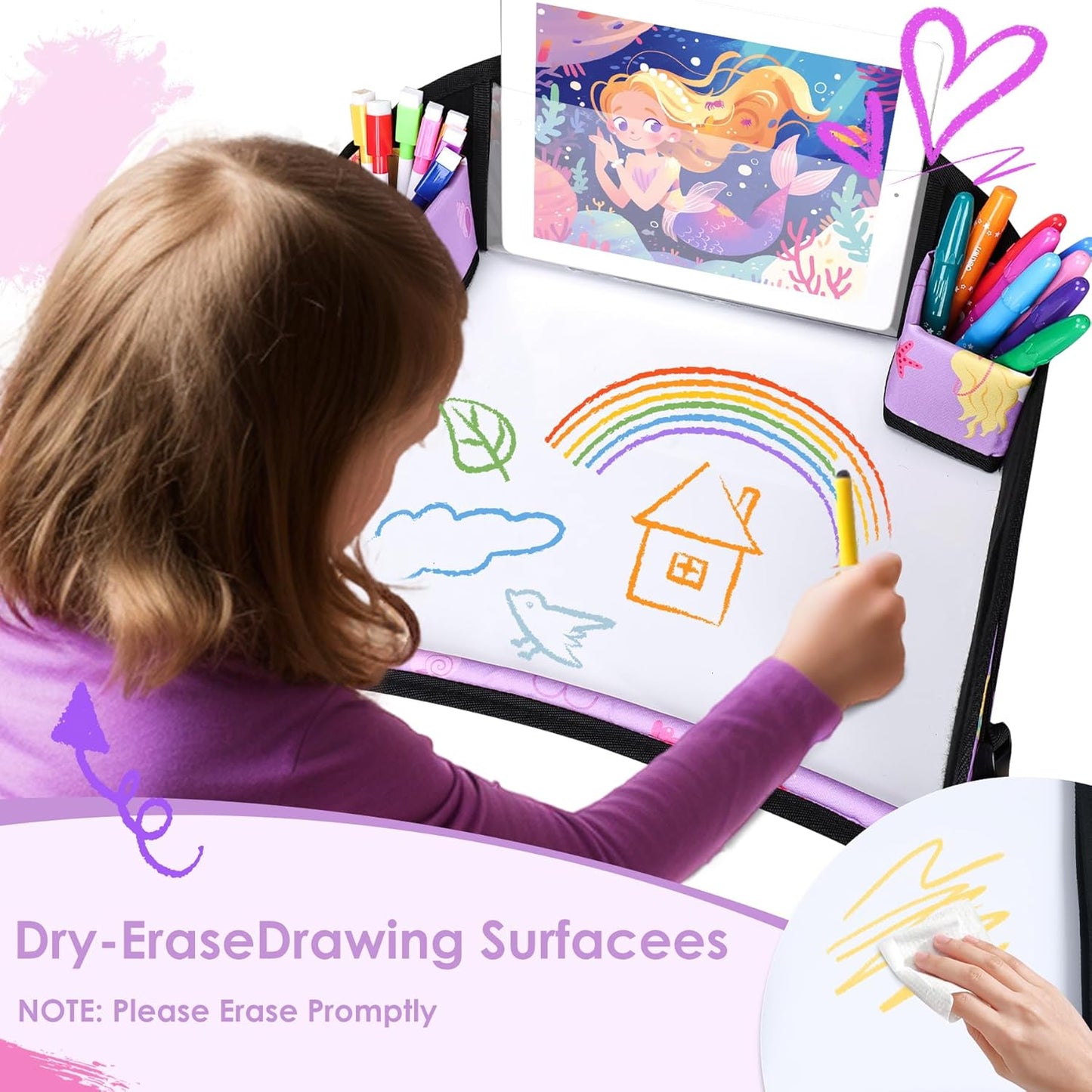 2PCS Kids Travel Tray for Airplane - Toddler Car Seat Table Tray, Road Trip Essentials for Boys & Girls, Carseat Lap Desk for Kids Road Trip Activities (Dark Blue Car/Purple Mermaid)