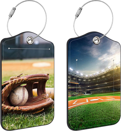 Old Baseball and Glove on Baseball Grand Luggage Tags for Suitcases Leather Travel Tags for Luggage ID Label with Privacy Cover and Stainless Steel Loop for Men Women Suitcase Backpack, Set of 2