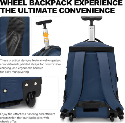 Boavan Rolling Backpack,17 inch Water Resistant Wheeled Backpack,Carry on Luggage Business Bag, Overnight College Computer bag Trolley Suitcase for Men Women Adults to Travel，Black