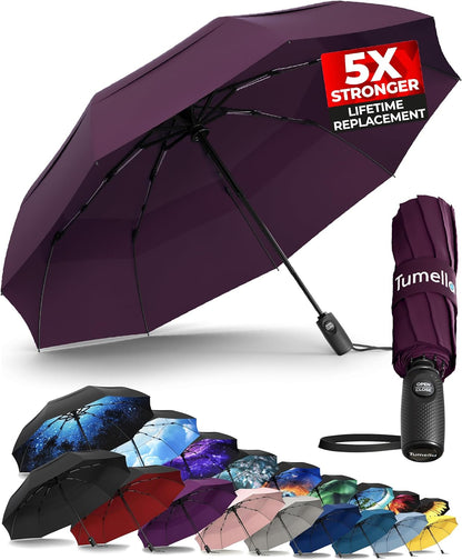 TUMELLA Strongest Windproof Travel Umbrella (Compact, Superior & Beautiful), Small Strong but Light Portable and Automatic Folding Rain Umbrella, Durable Premium Grip, Fits Car & Backpack