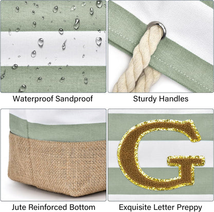 Becokan Beach Bag Initial Beach Tote with Makeup Bag for Travel Work Storage Personalized Birthday Gifts for Women Her