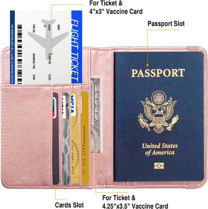 Passport Holder for Travel Passport Cover for Men Passport Wallet Case with Metal Badge Protector Leather Card Case RFID Blocking Women Travel Accessories Document Organizer (Rose Gold)