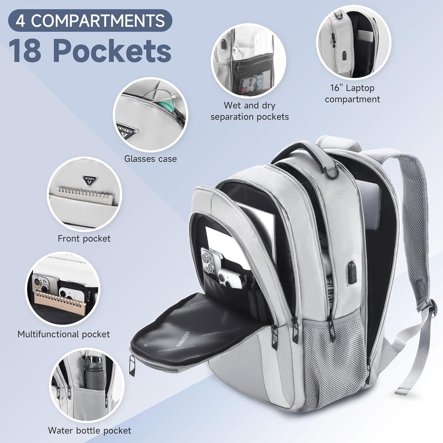 Multipocket TSA Travel Laptop Backpack for Men, Anti-Theft Business Daypacks, Airline Approved Personal Item Work Bag,Water Resistant 16 Inch Work Computer Backpack