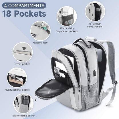 Multipocket TSA Travel Laptop Backpack for Men, Anti-Theft Business Daypacks, Airline Approved Personal Item Work Bag,Water Resistant 16 Inch Work Computer Backpack