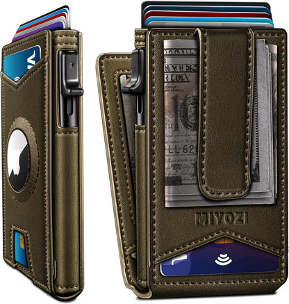 Airtag Wallet for Men,with Money Clip Gift Boxed,Slim Front Pocket Wallet RFID Blocking Metal Case Smart Pop-up Credit Card Holder in Magnetic Leather Flip