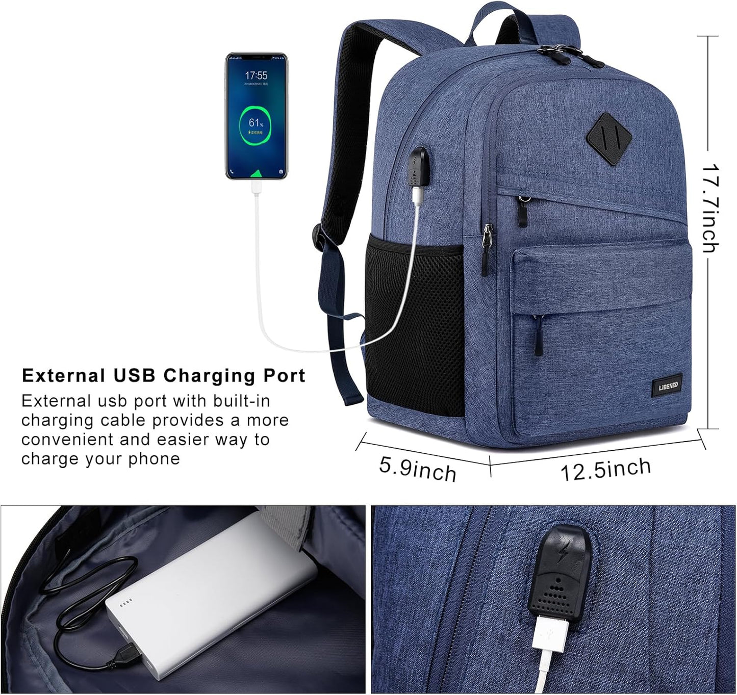 School backpack for Teen Boy, 15.6 inch Laptop Backpack with USB Charging Port, Large Computer Bookbag with Compartments, Ergonomic Straps, Blue