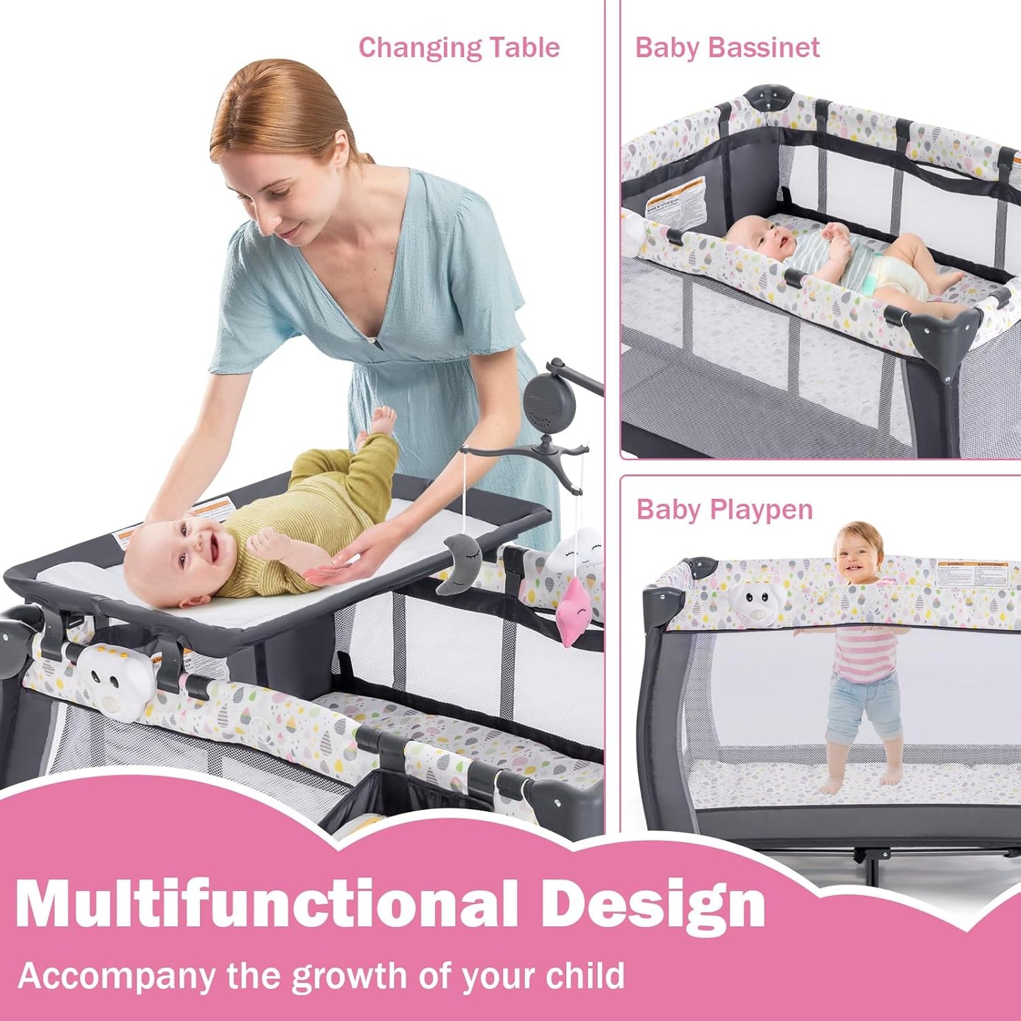 HONEY JOY Pack and Play, 3 in 1 Portable Baby Playard with Bassinet, Changing Table, Lockable Wheels, Music Box, Foldable Travel Baby Crib Nursery Center from Newborn to Toddler (Water Drop Gray)