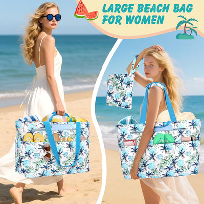 Extra Large Beach Bags for Women, Waterproof Sandproof Beach Tote Bag Zipper Foldable Swim Pool Bag with Wet Pocket