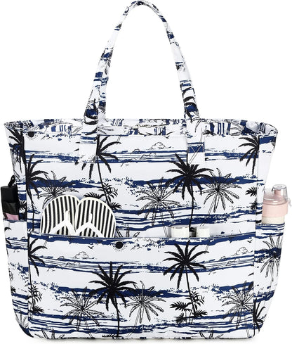LEDAOU Large Beach Tote Bag Women Waterproof Sandproof Zipper Beach Tote Bag for Pool Gym Grocery Travel with Wet Pocket
