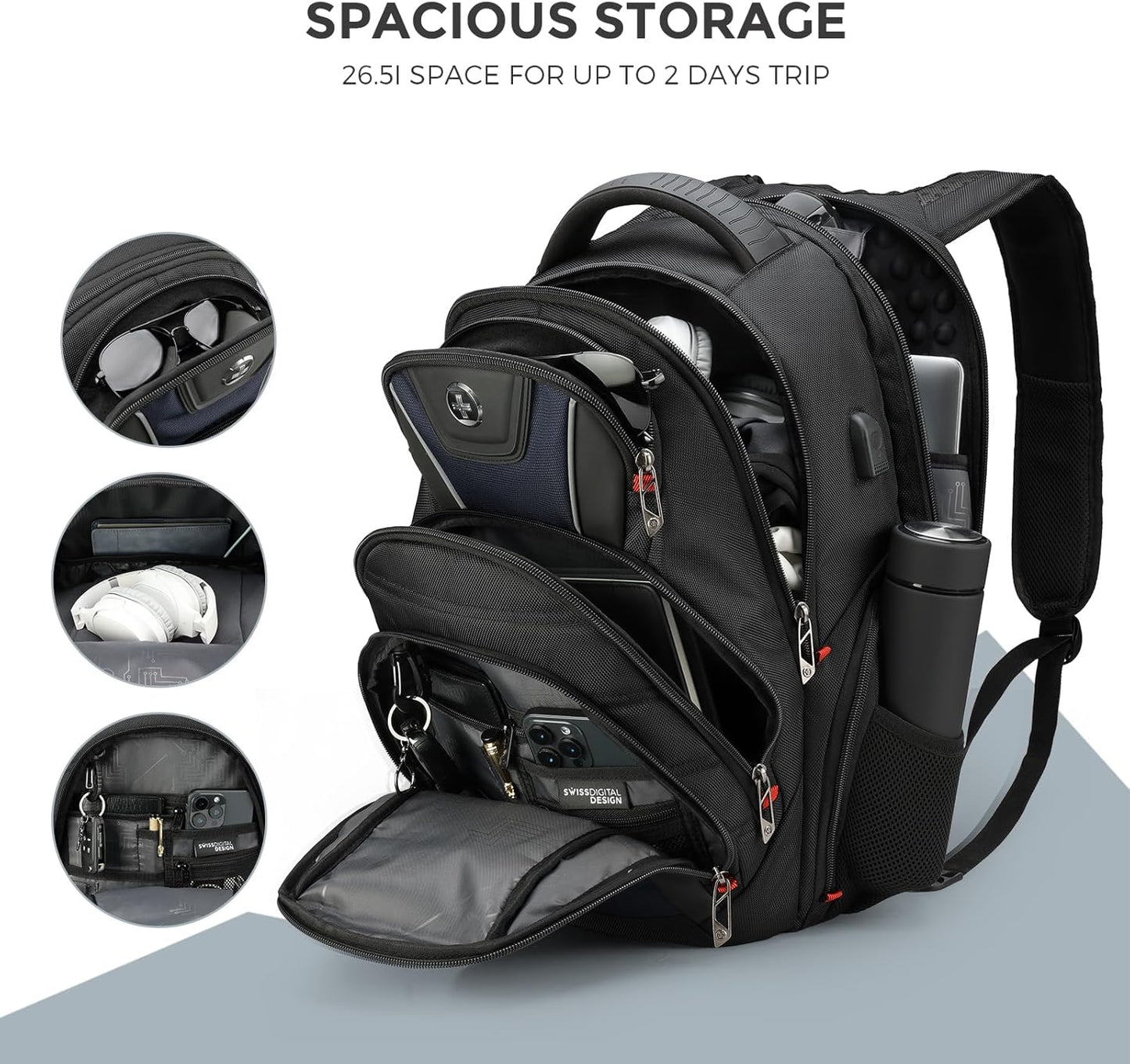 Swissdigital Design Men's Laptop Backpack for Man，Large Capacity Business Travel Backpack Black/Blue