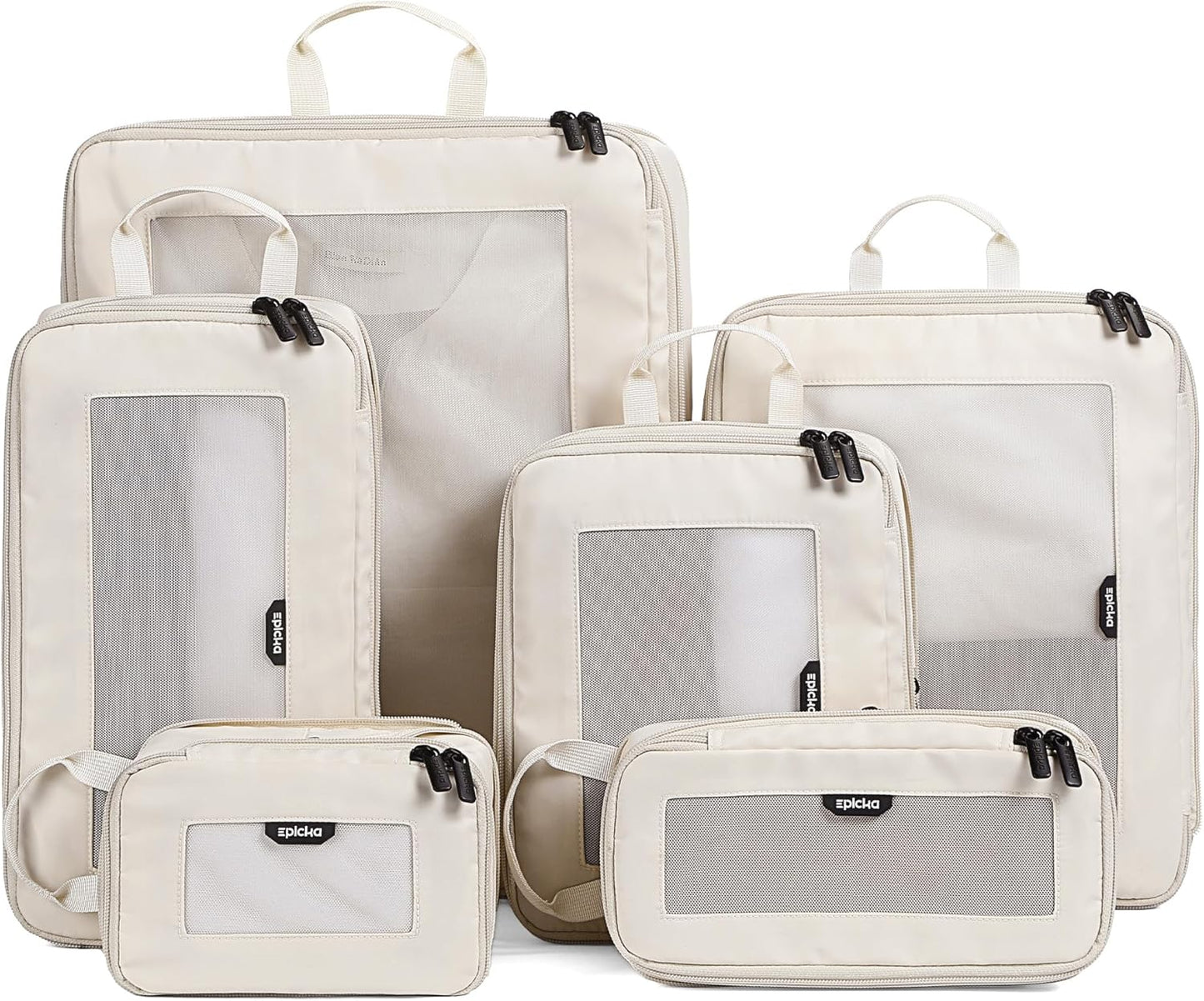 EPICKA TripCozy Compression Packing Cubes - 6 Set Durable Travel Organizer Bags with Mesh Top, Expandable Travel Accessories for Carry on, Luggage, Suitcase, Backpack (Beige)