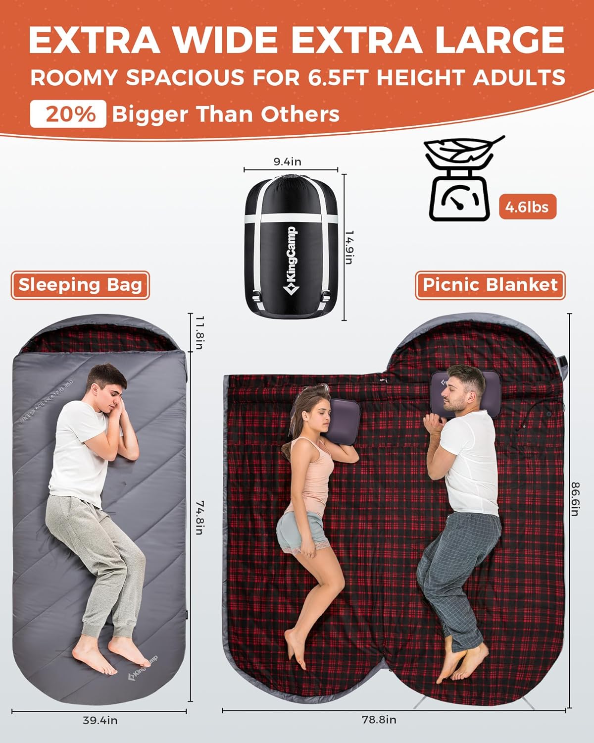 KingCamp Sleeping Bag for Adults, Cold Weather & Warm Extra Wide Big & Tall XL Portable Waterproof Flannel Sleeping Bags, Essentials Gear Accessories for Camping Backpacking Hiking Indoor & Outdoor