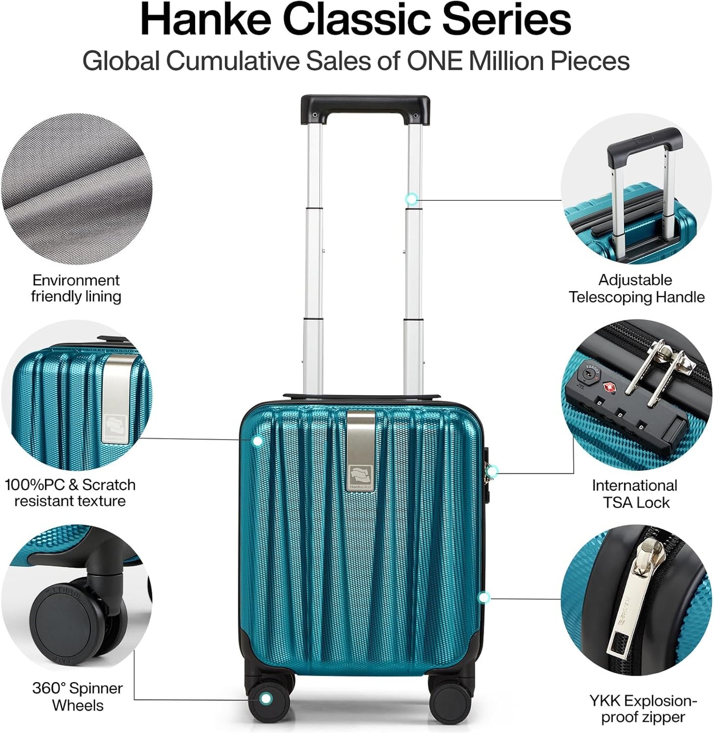 Hanke 14 Inch Underseat Carry On Luggage with Wheels Hard Shell Suitcases Carry On Bag Lightweight Small Mini Suitcase Tsa Luggage for Travel. Caribbean Blue.