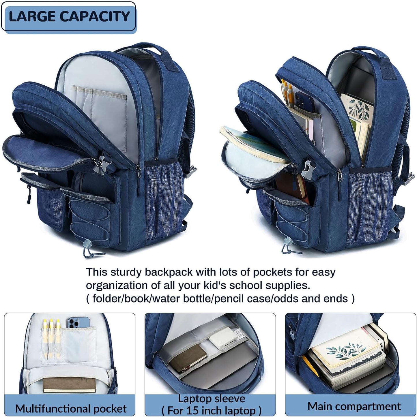 Lohol Water Resistant Daypack with Mulitiple Pockets for School Travel Outdoor College, 15.6 inch Laptop Backpack for Men and Women (Navy Blue)