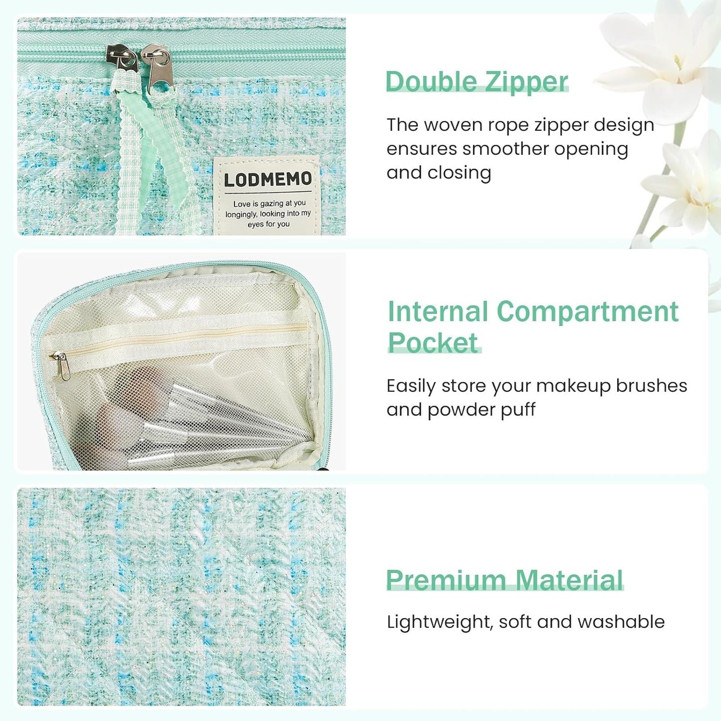 Makeup Bag 3 PCS Quilted Cosmetic Bags for Women, Large Travel Make up Bag Set Cute Cotton Toiletry Bag Organizer Pouch for Purse, Green