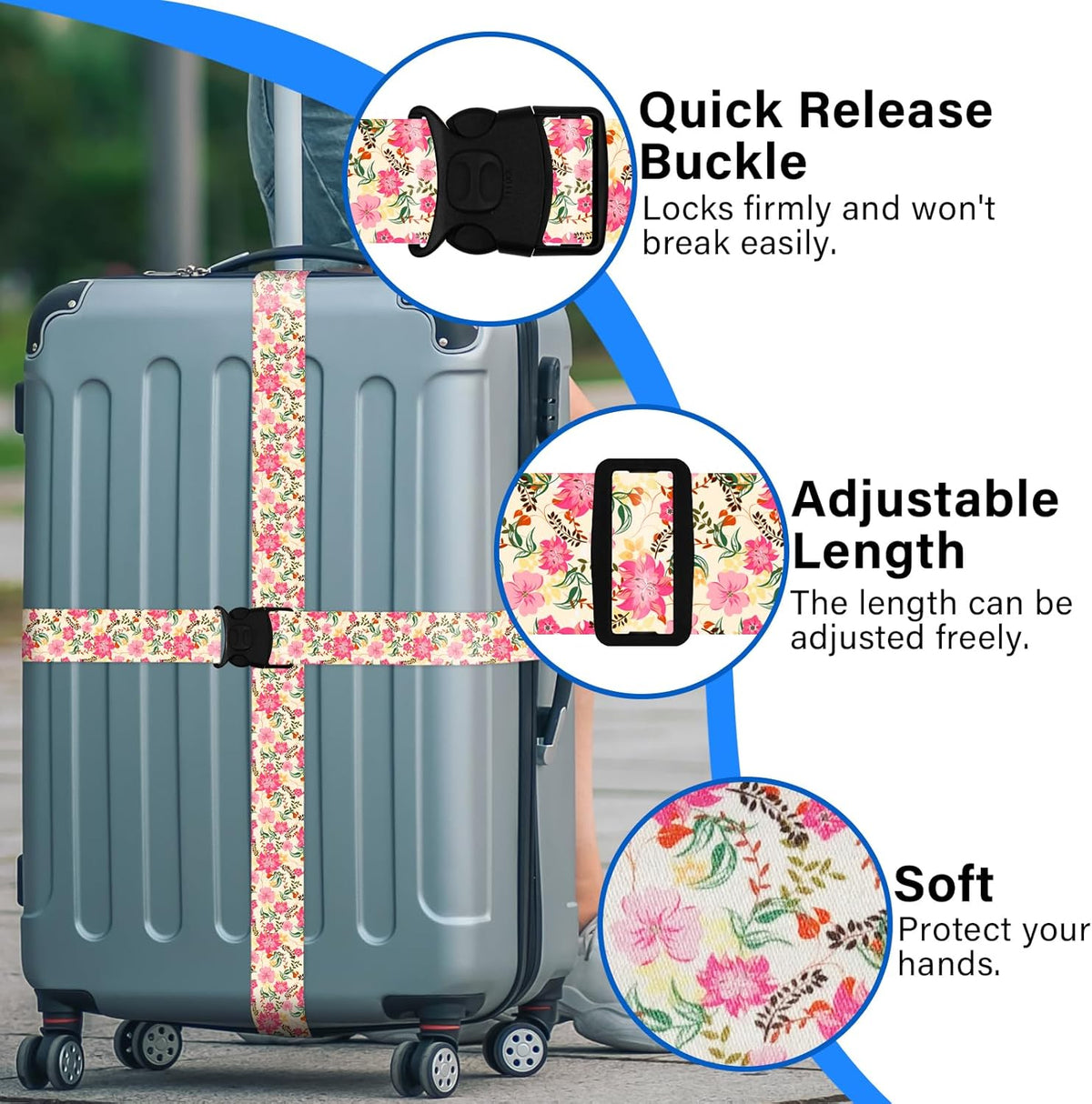 Luggage Straps for Suitcases, Travel Adjustable Belt with Quick Release Buckle, Heavy Duty Nylon Bag Packing Strap, Unique Bright Identifiers Business Travel Accessories (2 Pack) - Pink Flowers