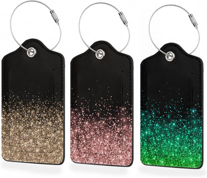 3 Pack Luggage Tag for Suitcase,Rose Golden Glitter Leather Luggage Tags with Privacy Cover Name ID Label Identifiers Travel Bag Tags for Women Men Boys Girls