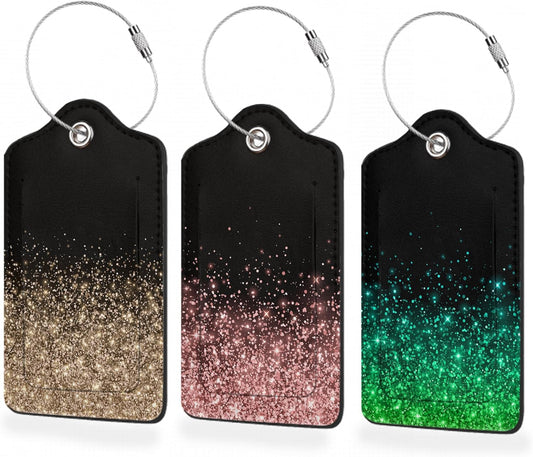 3 Pack Luggage Tag for Suitcase,Rose Golden Glitter Leather Luggage Tags with Privacy Cover Name ID Label Identifiers Travel Bag Tags for Women Men Boys Girls