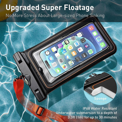 Marine IP68 Universal Waterproof Phone Pouch, Floating Waterproof Phone Case for Cellphone Up to 7", Beach Accessories for Vacation Must Haves, 2 Pack-Black/Hi-Vis Orange