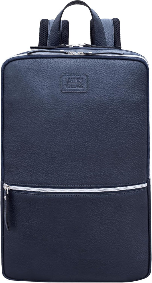 LEATHER VILLAGE Leather Laptop Backpack for Men |Blue | Slim Professional Business Bag Fits 15.6”-Laptop | Water-Repellent Work & Travel Daypack with Trolley Strap