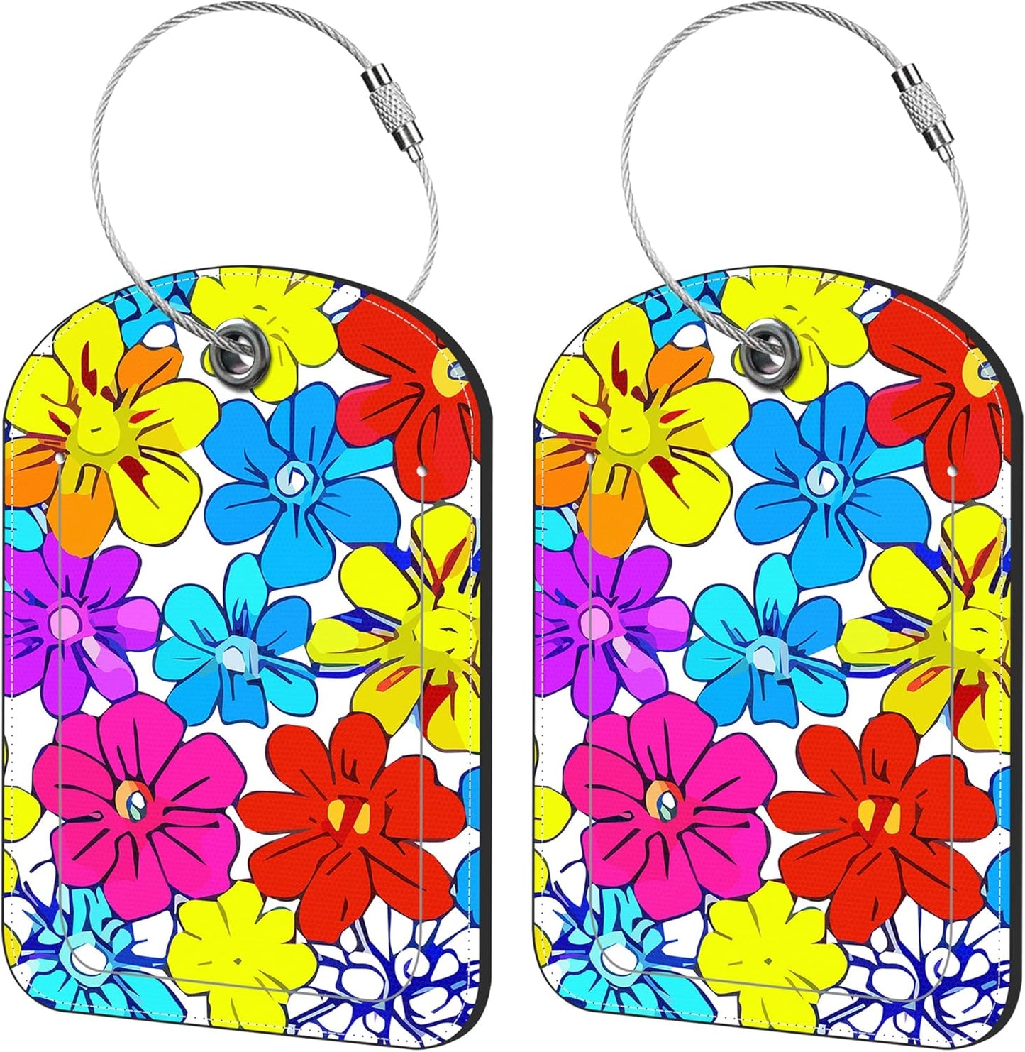 2 Pack Cute Luggage Tag for Suitcases Beautiful Bright Flowers Leather Luggage Tags with Stainless Steel Loop Privacy Flap Name Tags,Men and Women Travel Bag Suitcase Tags