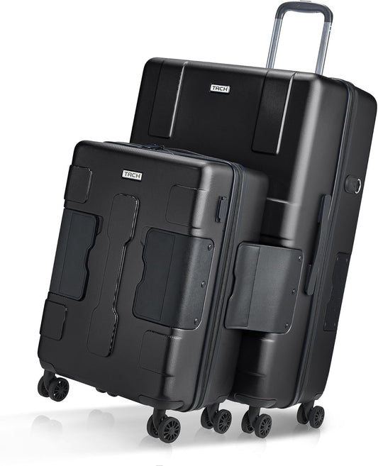 Tach V3.1 Hard Shell 2 Piece Luggage Set - 20 & 28 inch Luggage | Carry On & Large Checked Suitcases | Patented Built-In Connecting System | Rolling Suitcase Links 9 Bags (Black)