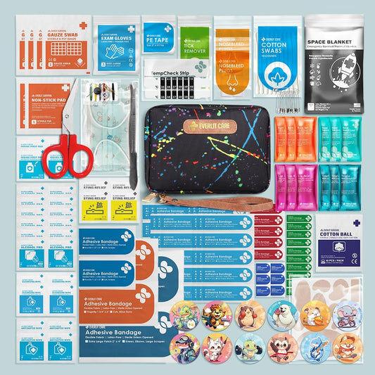 EVERLIT Care Rescue Pack | Family-Friendly First Aid Kit for Kids with 200 Pcs Medical Supplies | Travel-Friendly Compact Storage Bag for Home, Car, Travel, Camping, Adventure (Splatter)