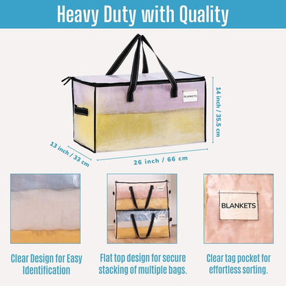 VENO 4 Pack Moving Bags, Comforter and Blanket Storage Bags for Closet, Moving Boxes, Boxes with Lids Alternative, College Dorm Packing Supplies, Foldable Heavy-Duty Tote with Window (Clear, 4 Pack)