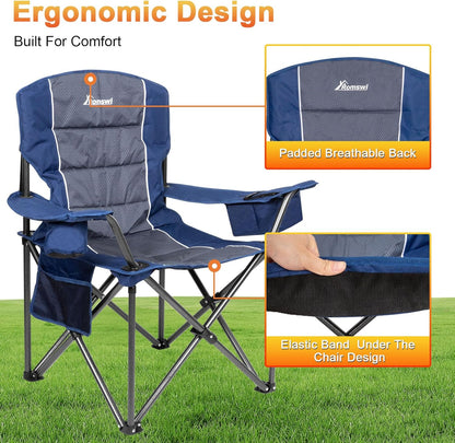 Romswi Oversized Camping Chairs,Heavy Duty Support 500 LBS,Padded Back & Arm Sport Chairs, Cup Holder Cooler Bag, Collapsible Folding Chairs for Outdoor, Fishing & Garden, Blue,2-Pack