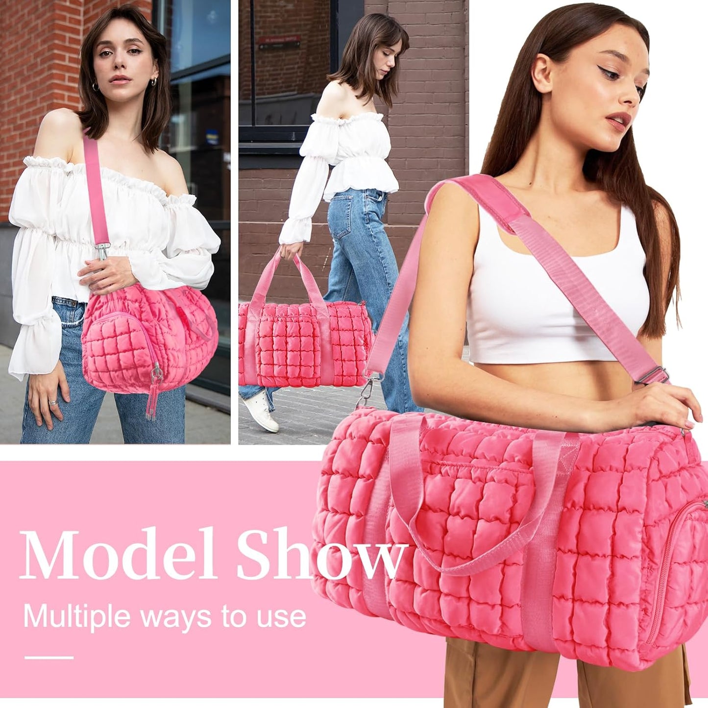 Quilted Travel Duffle Bag Gym Bag for Women,Large Puffer Duffle Weekender Bag with Compartment,Workout Overnight Carry on Organizer Bag Duffle Bag for Airplane Travel(L-Pink)