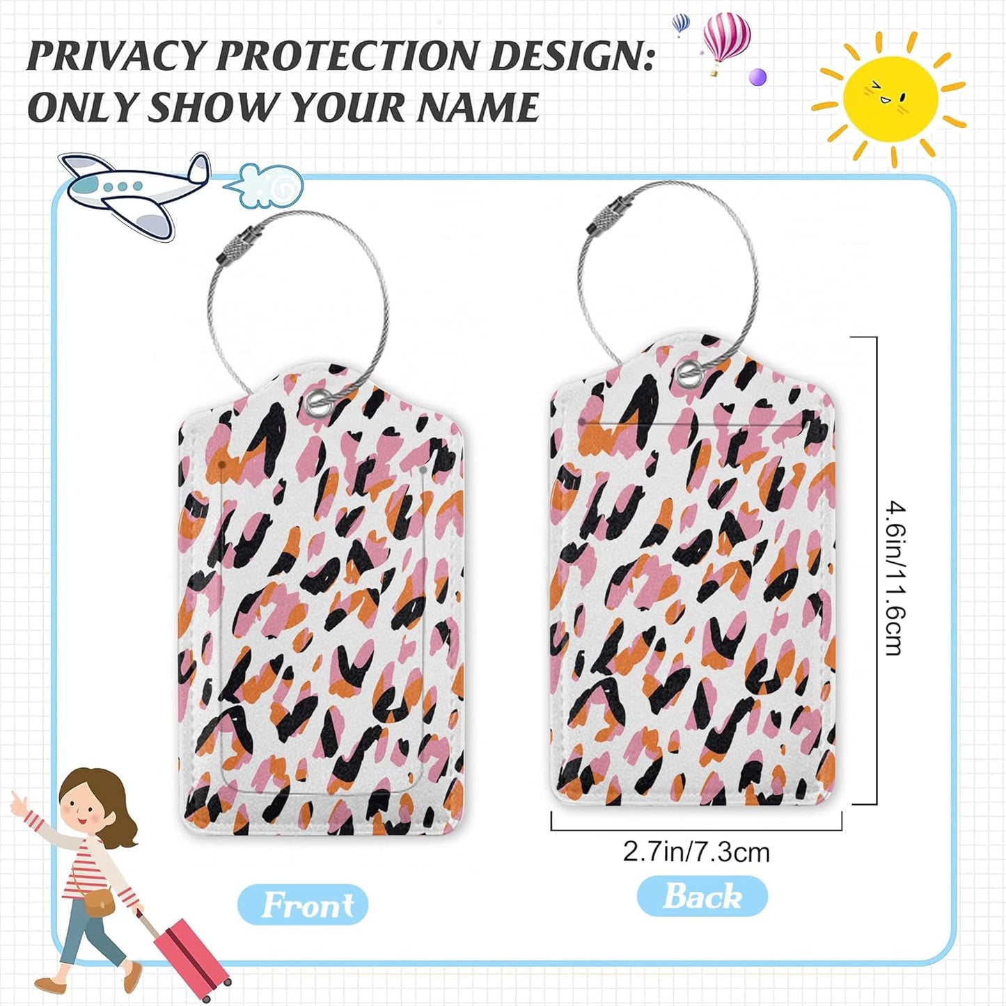 3 Pack Luggage Tag for Suitcase,Abstract Modern Leopard Leather Luggage Tags with Privacy Cover Name ID Label Identifiers Travel Bag Tags for Women Men Boys Girls