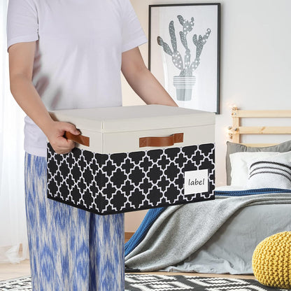 Large Storage Bins with Lids, Foldable Fabric Storage Baskets with Lids, Sturdy Storage Boxes with Labels and 3 PU Handles for Closet Home Bedroom Office (26L, 3 Packs, Black Plaid&White)
