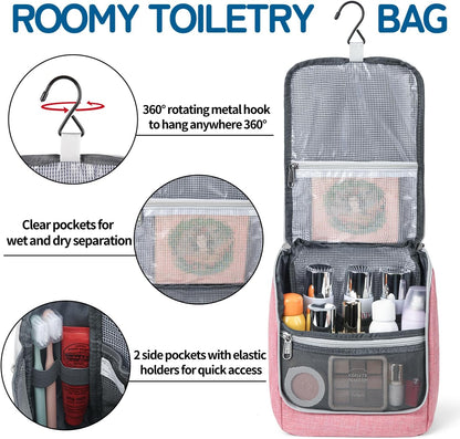 Della Gao Hanging Travel Toiletry bag for Women, Water-resistant Durable Nylon Toiletries Organizer for Cosmetics, Makeup Brushes, Bathroom Bag, Pink