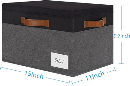 Large Storage Bins with Lids, Foldable Fabric Storage Baskets with Lids, Sturdy Storage Boxes with Labels and 3 PU Handles for Closet Home Bedroom Office (26L, 3 Packs, Grey&Black)