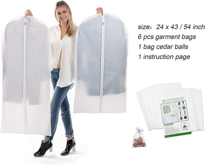 Garment Bags for Hanging Clothes, Clear Plastic Closet Storage Covers with Cedar Balls, 24" x 43"/54”, 6 Pack