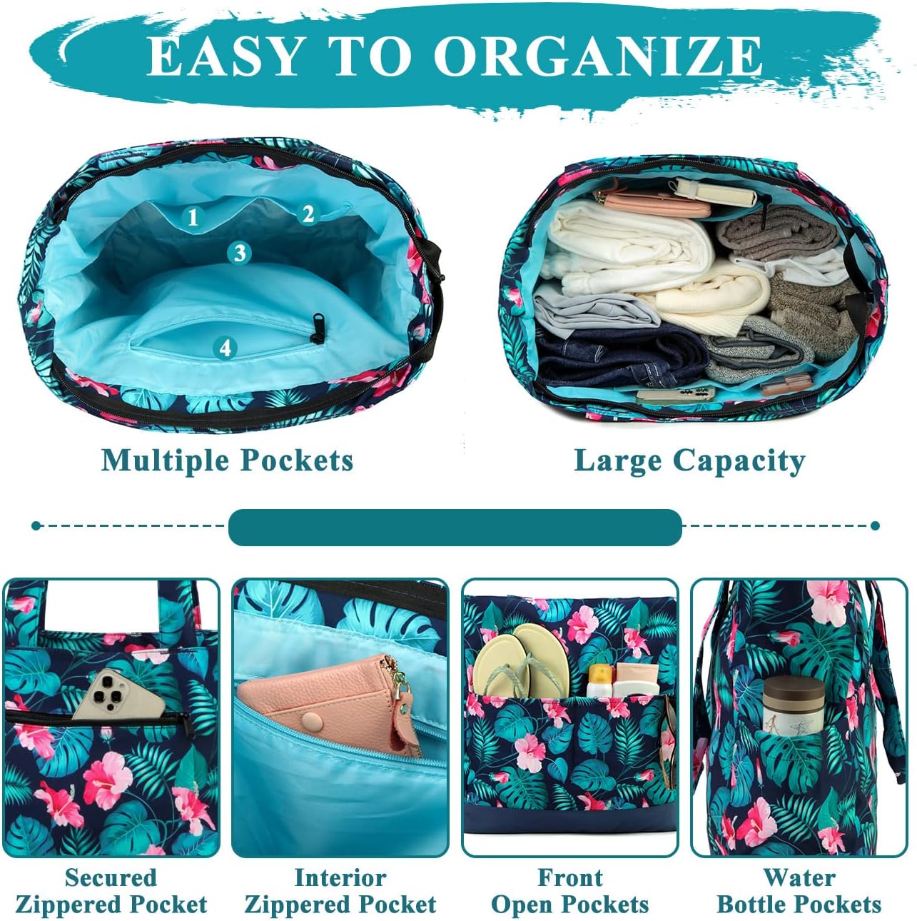 VASCHY Beach Bag for Women, Large Waterproof Sandproof Fold-able Packable Pool Tote Bag w Zipper/Pockets