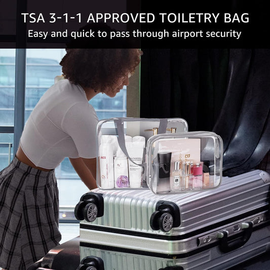 3Pcs Crystal Clear PVC Travel Toiletry Bag Kit for Women Men, Waterproof Vinyl Packing Organizer Storage Bags with Zipper Handle Straps, Cosmetic Pouch Carry on Airport Airline Compliant Bag Handbag