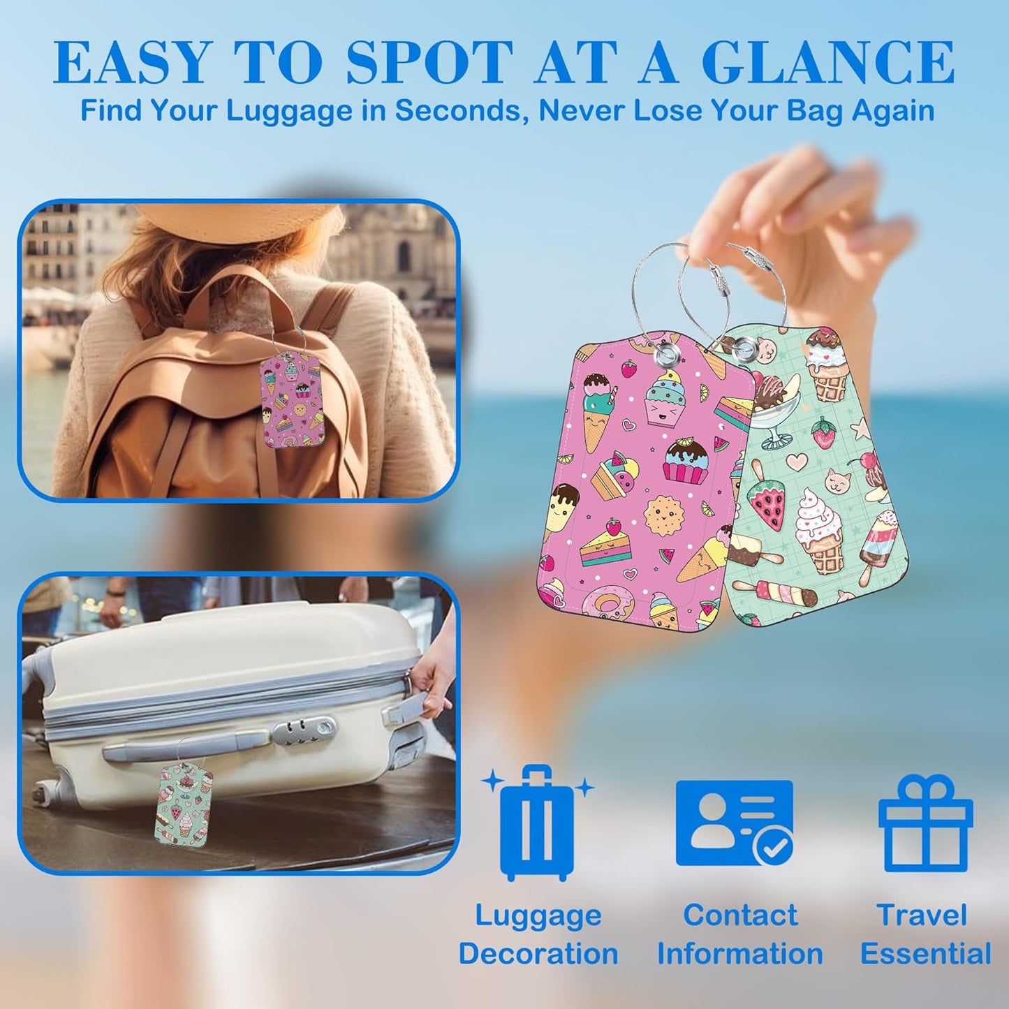 Cute Ice Cream Doole Luggage Tags for Suitcases Leather Travel Tags for Luggage ID Label with Privacy Cover and Stainless Steel Loop for Men Women Suitcase Backpack, Set of 2