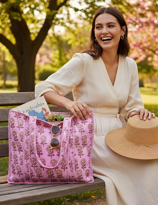 Cotton Quilted Tote Bag for Women – Large Beach & Travel Tote with Zipper, Reusable Grocery Bag