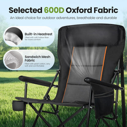 HIGH POINT SPORTS Oversized Folding Camping Chairs for Adults, High Backrest Heavy Duty Lawn Chairs Support 500 LBS Portable Collapsible Camp Chairs with Cup Holders,Side Pocket, 2 Pack, Black